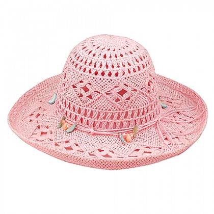 Wide Brim Crochet Toyo Straw Accent Hats – 12 PCS w/ Beaded Band - Pink - HT-8202PK